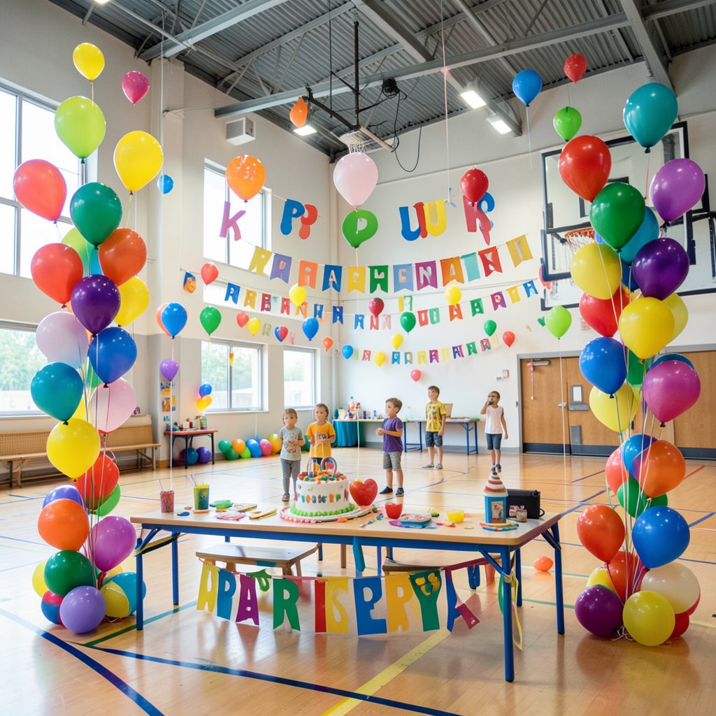 Colorful children birthday party decorations in a modern sports hall, balloons, festive atmosphere, high quality photography