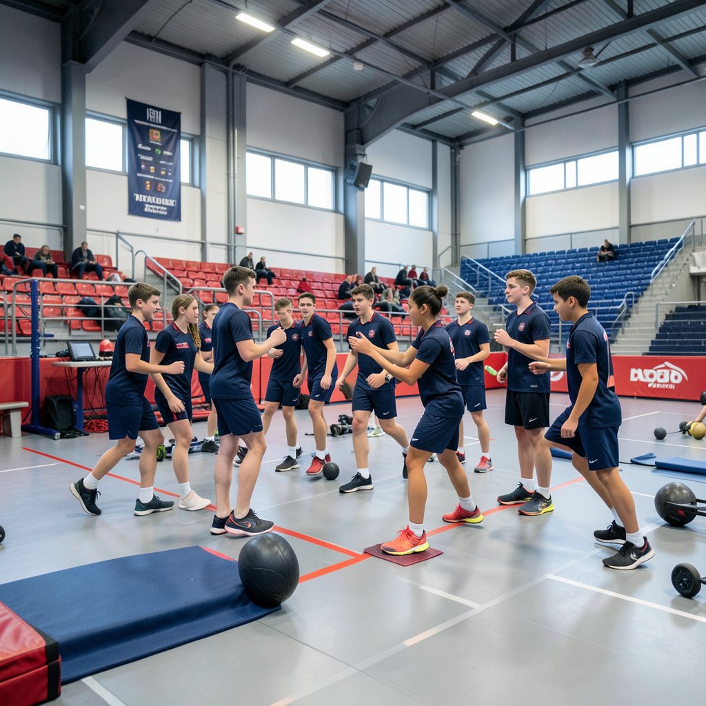Youth sports club training in a modern indoor arena, team spirit, sports equipment, navy blue and red colors, high quality photography