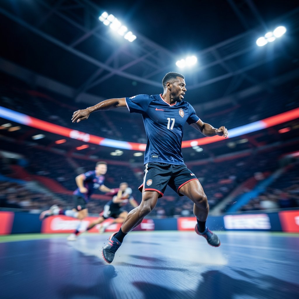Dynamic sports action background, blur effect, modern sports arena lighting, navy blue and red accents, high quality photography